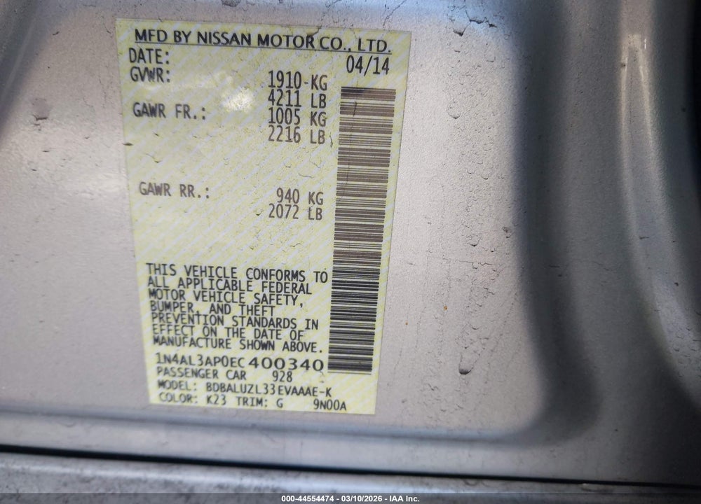 2014 NISSAN ALTIMA 2.5 SV VIN: 1N4AL3AP0EC400340