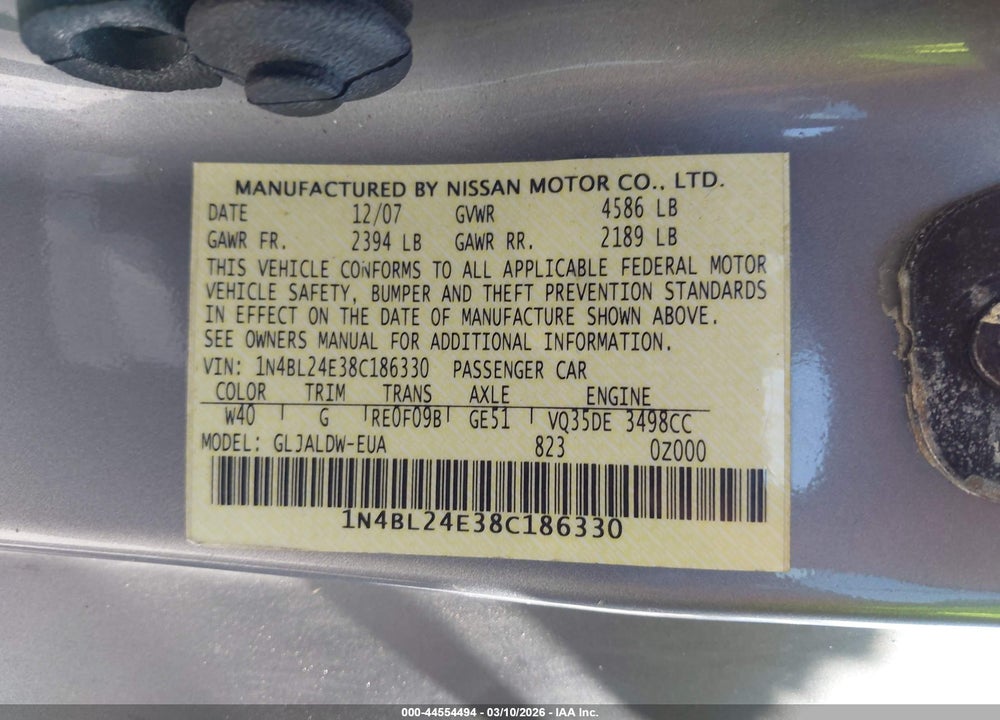 2008 NISSAN ALTIMA 3.5 SE VIN: 1N4BL24E38C186330