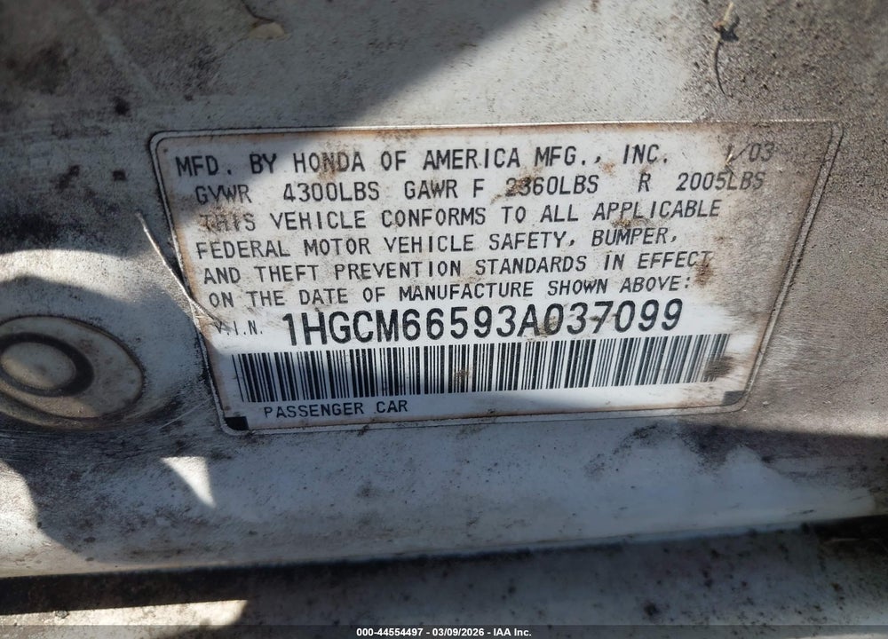 2003 HONDA ACCORD 3.0 EX VIN: 1HGCM66593A037099