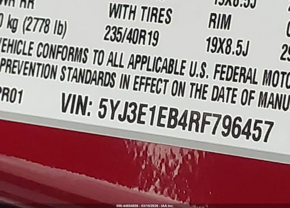 2024 TESLA MODEL 3 LONG RANGE DUAL MOTOR ALL-WHEEL DRIVE VIN: 5YJ3E1EB4RF796457