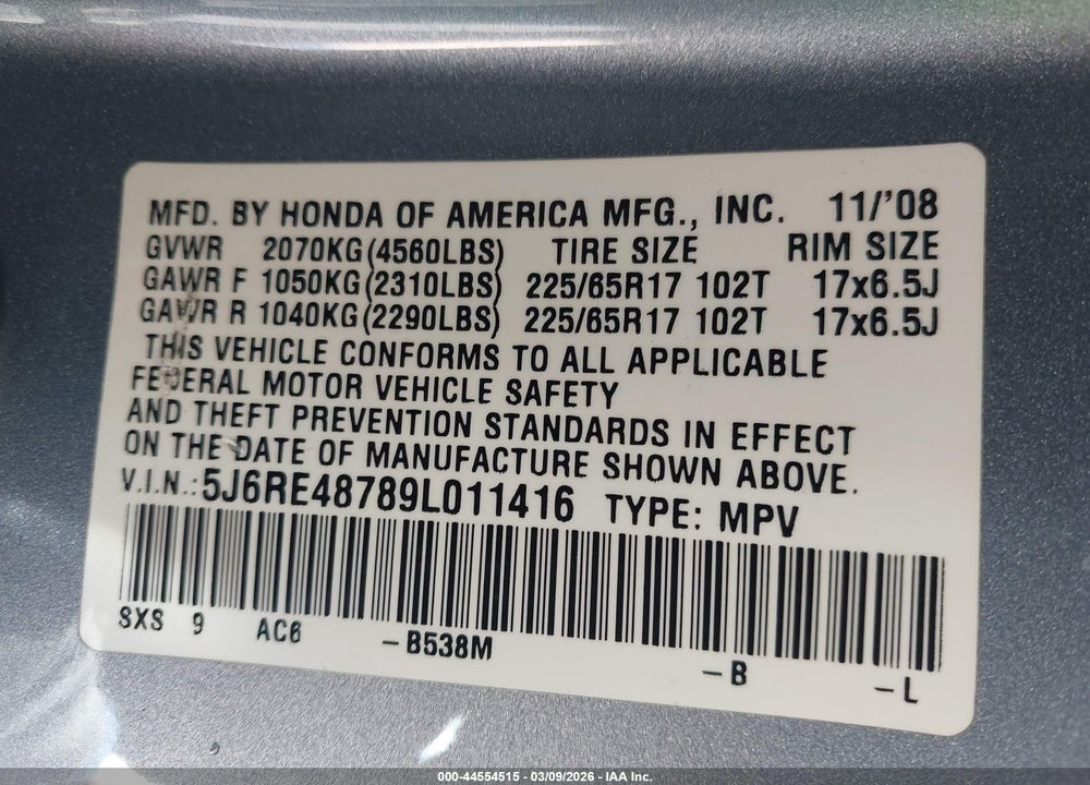 2009 HONDA CR-V EX-L VIN: 5J6RE48789L011416