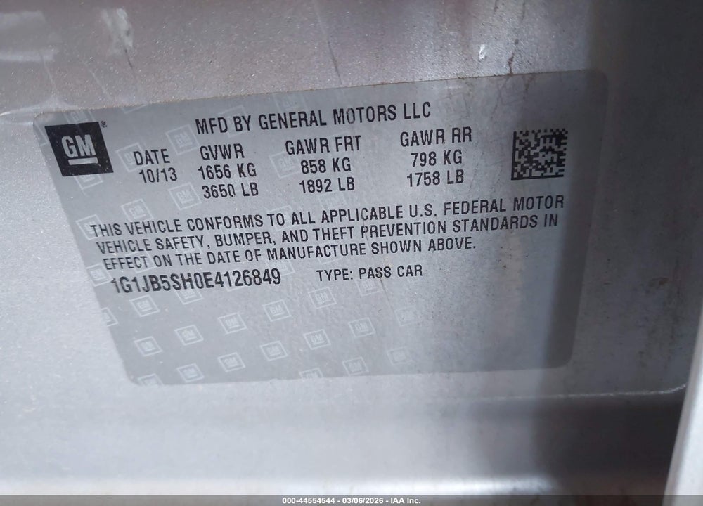 2014 CHEVROLET SONIC LS MANUAL VIN: 1G1JB5SH0E4126849