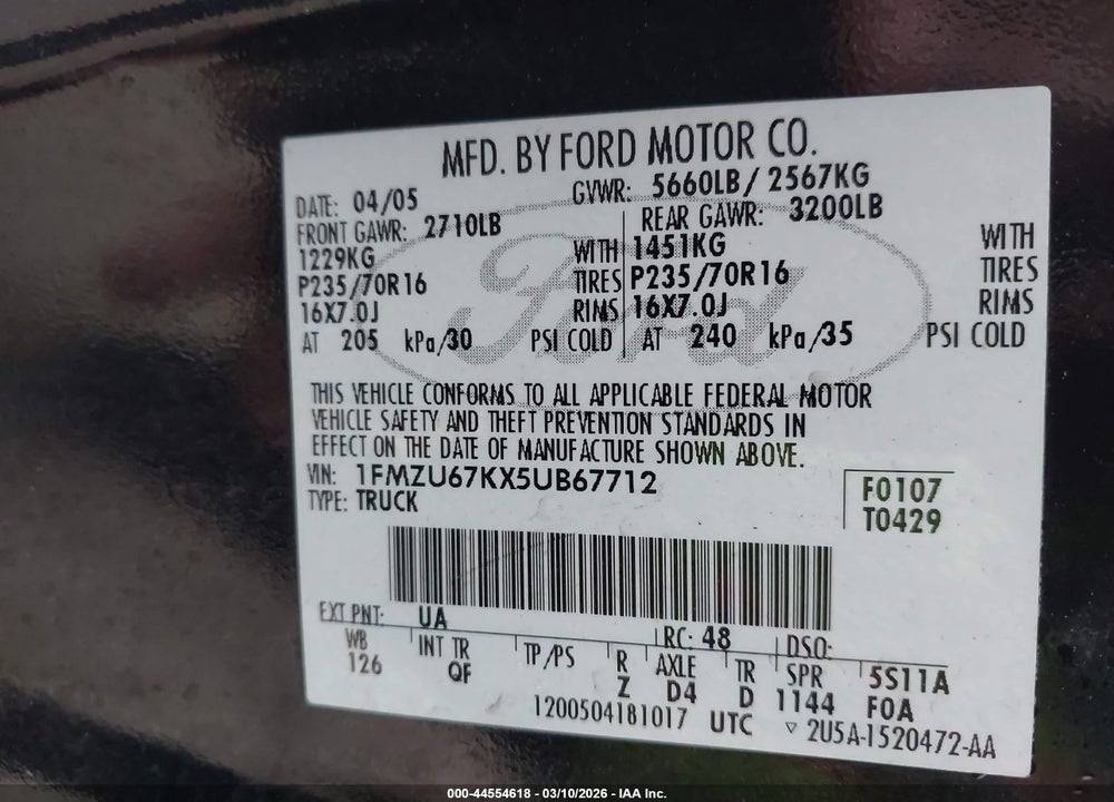 2005 FORD EXPLORER SPORT TRAC ADRENALIN/XLS/XLT VIN: 1FMZU67KX5UB67712