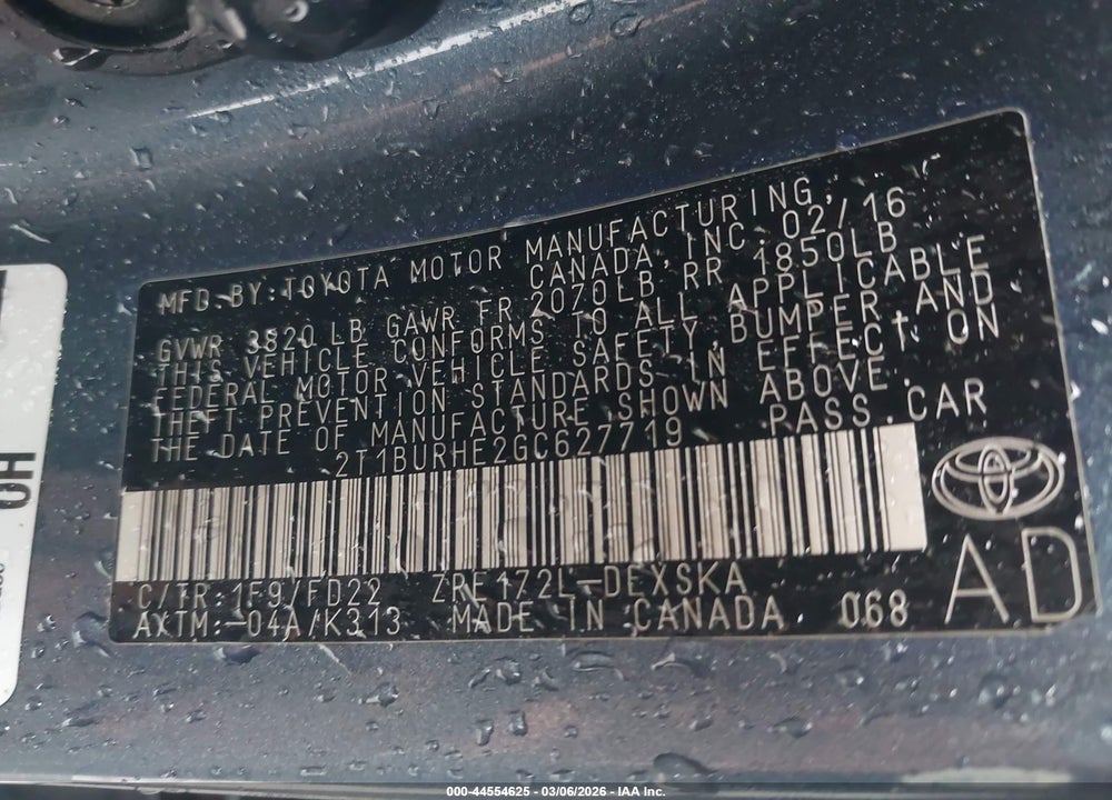 2016 TOYOTA COROLLA S PLUS VIN: 2T1BURHE2GC627719