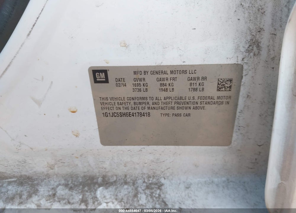 2014 CHEVROLET SONIC LT AUTO VIN: 1G1JC5SH6E4178418