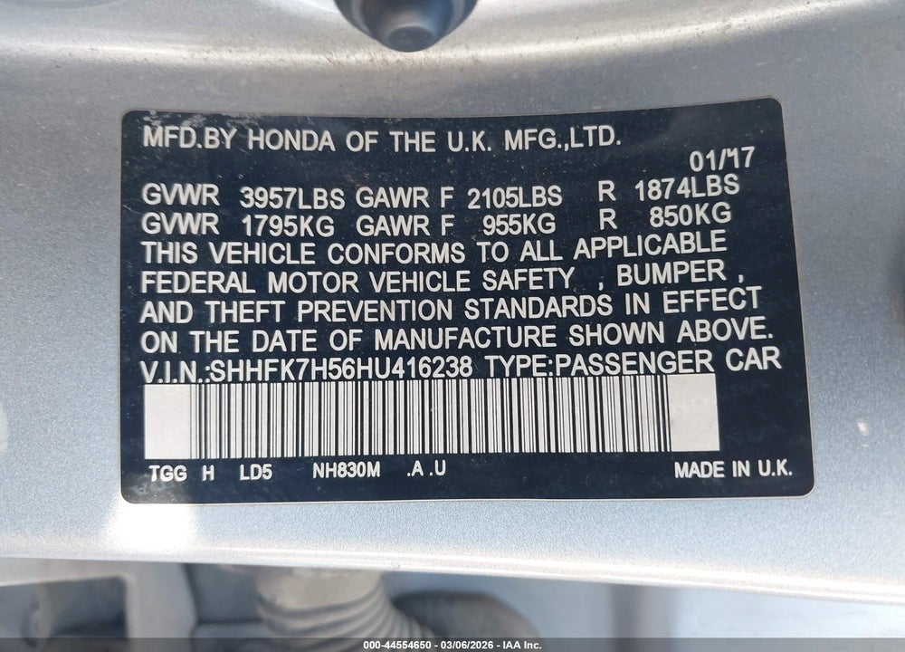 2017 HONDA CIVIC EX VIN: SHHFK7H56HU416238