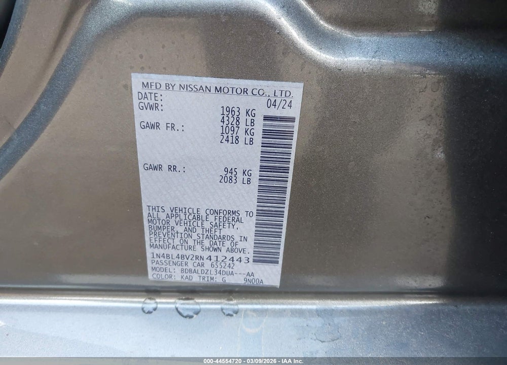 2024 NISSAN ALTIMA S FWD VIN: 1N4BL4BV2RN412443