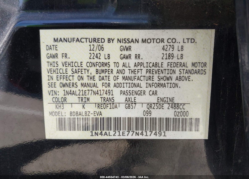 2007 NISSAN ALTIMA 2.5 S VIN: 1N4AL21E77N417491