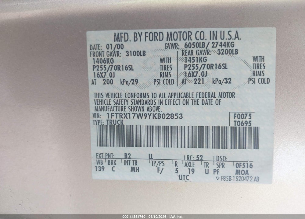 2000 FORD F150 VIN: 1FTRX17W9YKB02853