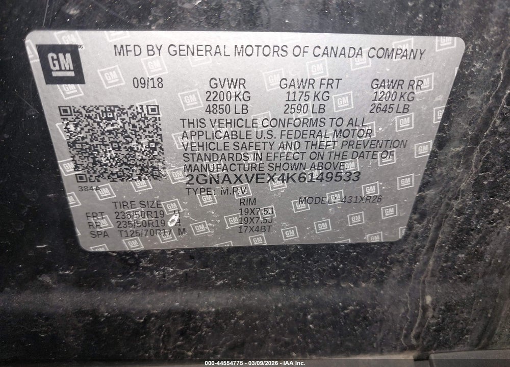 2019 CHEVROLET EQUINOX LT VIN: 2GNAXVEX4K6149533