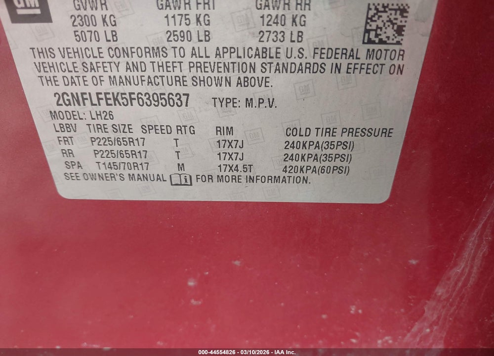 2015 CHEVROLET EQUINOX 1LT VIN: 2GNFLFEK5F6395637