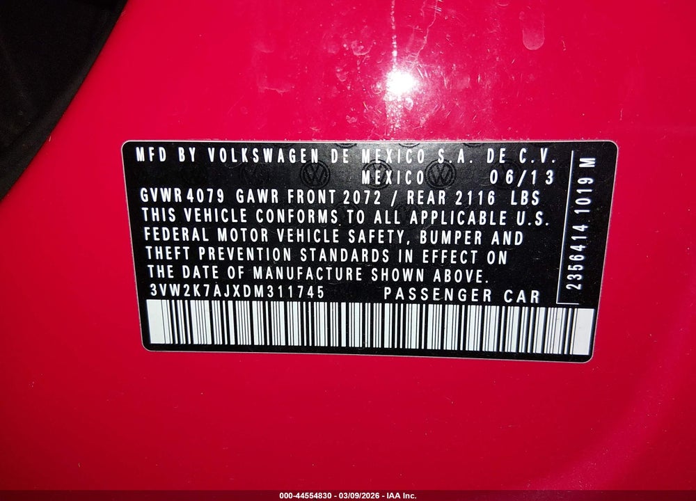 2013 VOLKSWAGEN JETTA 2.0L BASE/2.0L S VIN: 3VW2K7AJXDM311745