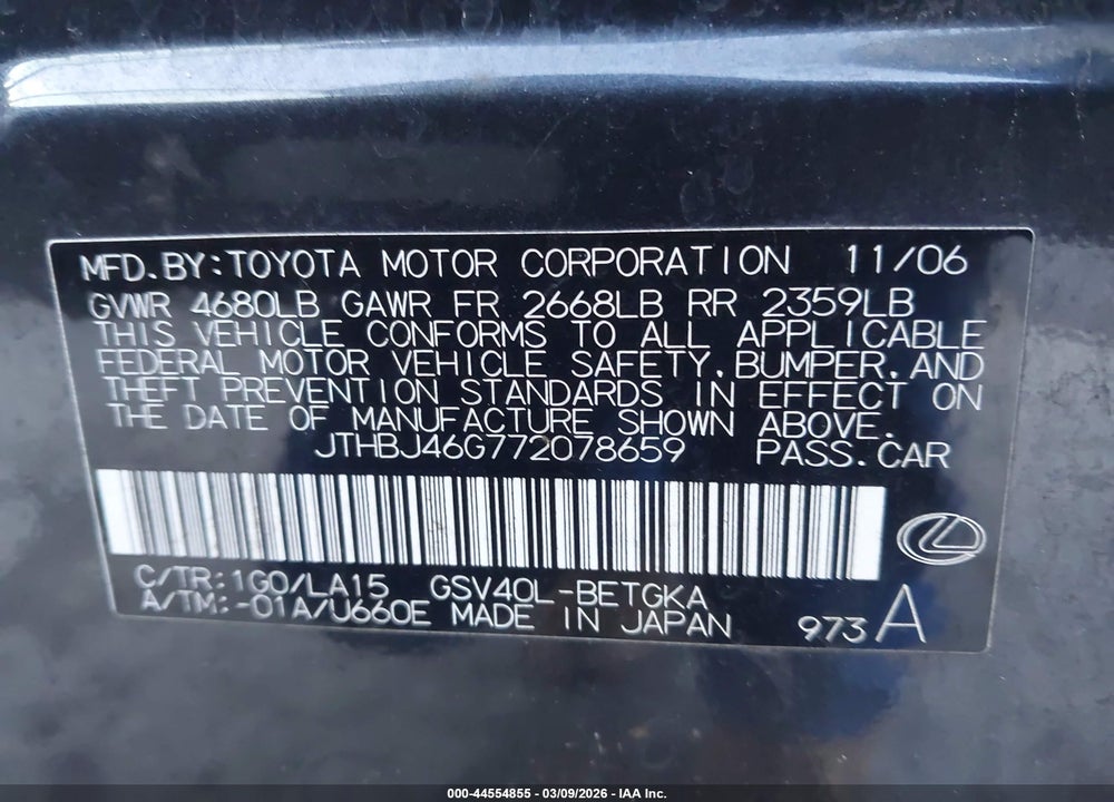 2007 LEXUS ES 350 VIN: JTHBJ46G772078659