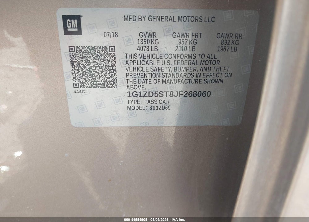 2018 CHEVROLET MALIBU LT VIN: 1G1ZD5ST8JF268060