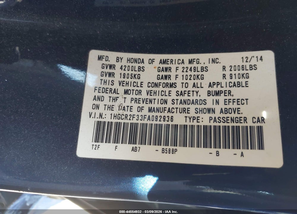 2015 HONDA ACCORD LX VIN: 1HGCR2F33FA092936