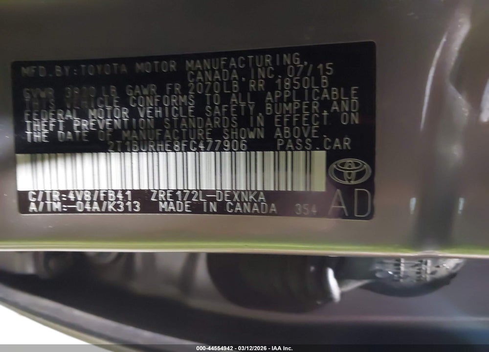2015 TOYOTA COROLLA LE VIN: 2T1BURHE8FC477906
