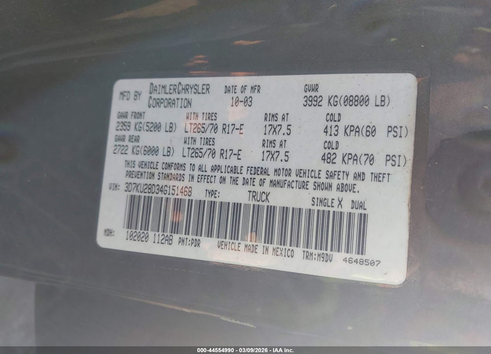 2004 DODGE RAM 2500 SLT/LARAMIE VIN: 3D7KU28D34G151468