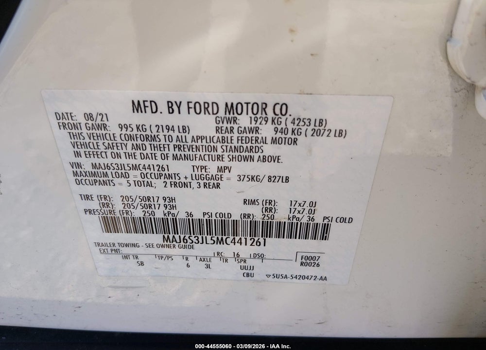 2021 FORD ECOSPORT SES VIN: MAJ6S3JL5MC441261