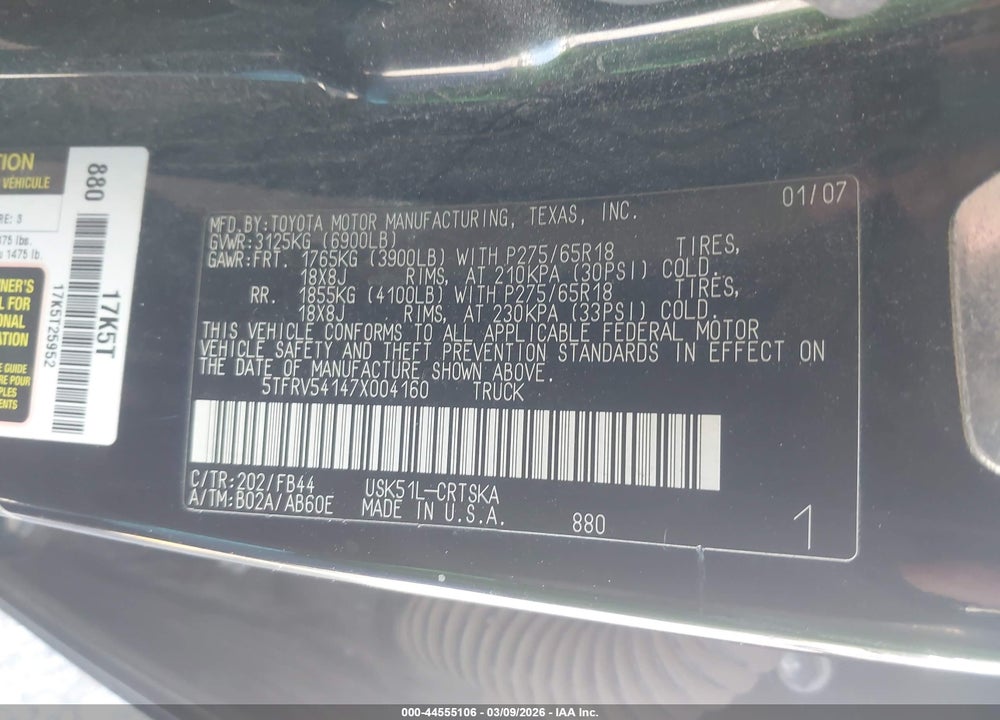 2007 TOYOTA TUNDRA SR5 V8 VIN: 5TFRV54147X004160