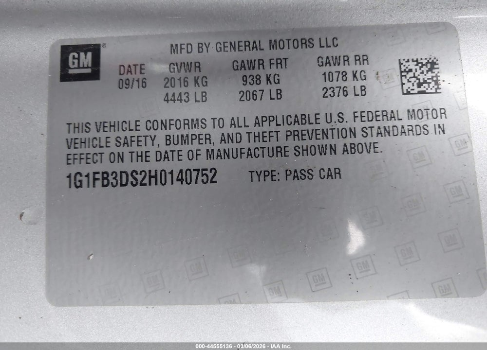 2017 CHEVROLET CAMARO 1LT VIN: 1G1FB3DS2H0140752