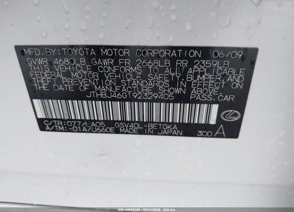 2009 LEXUS ES 350 VIN: JTHBJ46G192329405