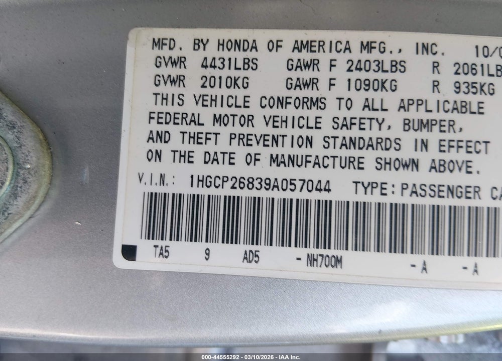 2009 HONDA ACCORD 2.4 EX-L VIN: 1HGCP26839A057044