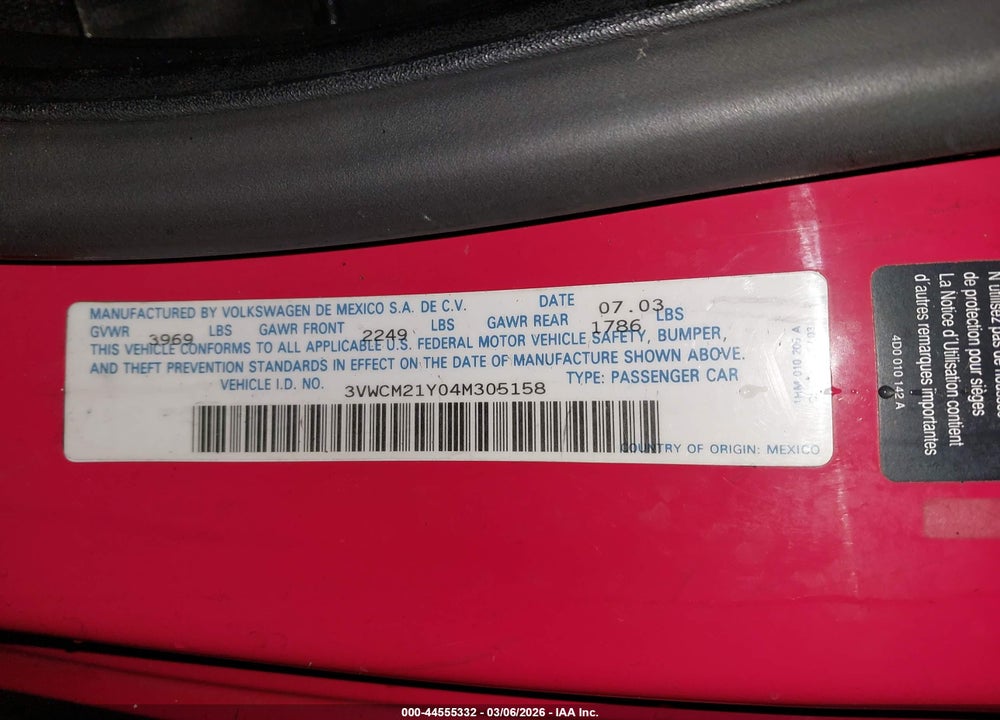2004 VOLKSWAGEN NEW BEETLE GLS VIN: 3VWCM21Y04M305158