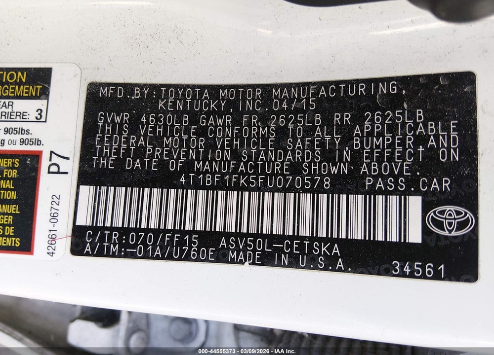 2015 TOYOTA CAMRY SE VIN: 4T1BF1FK5FU070578
