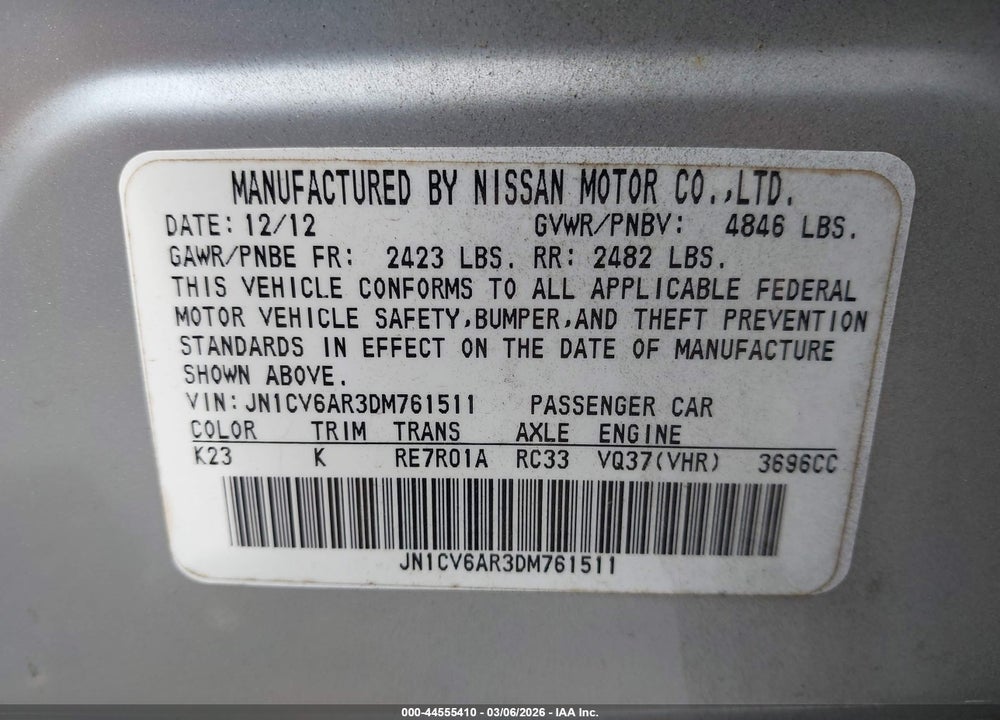 2013 INFINITI G37X VIN: JN1CV6AR3DM761511