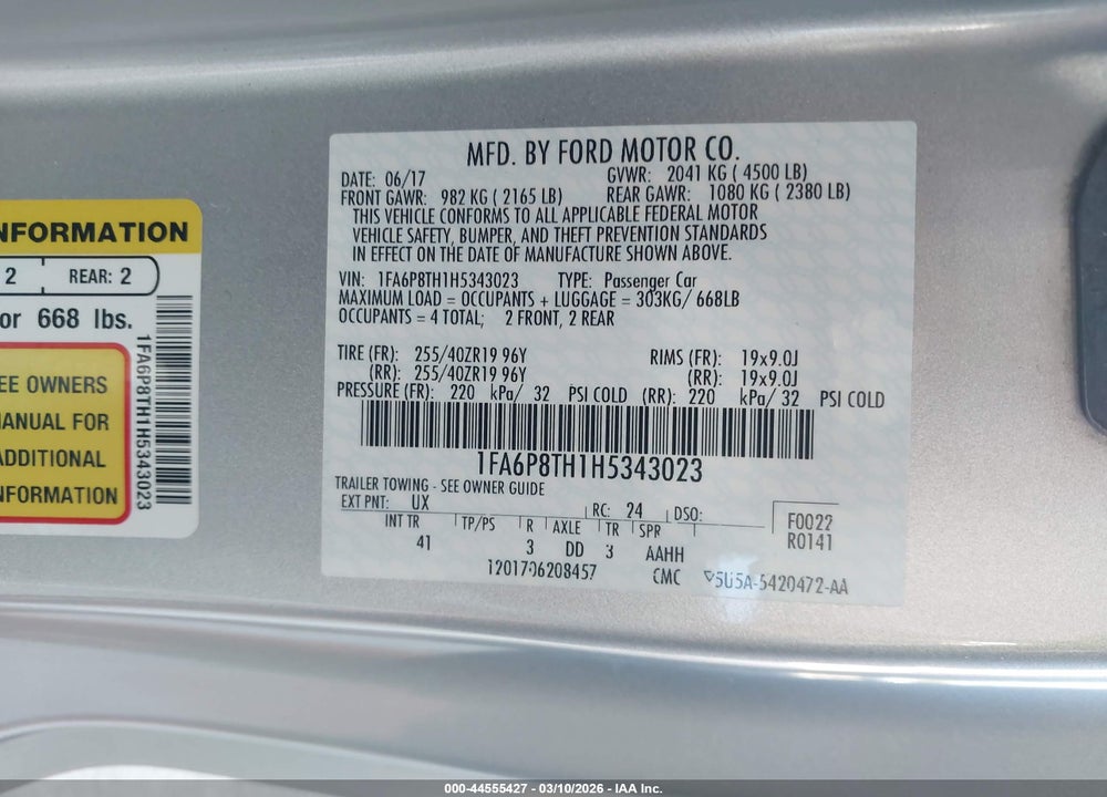 2017 FORD MUSTANG ECOBOOST VIN: 1FA6P8TH1H5343023
