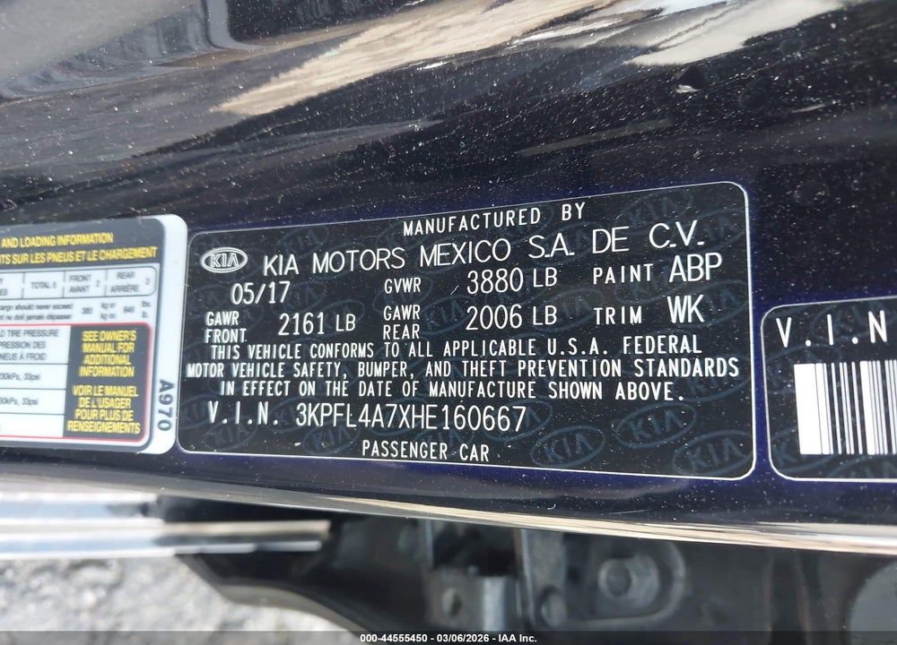 2017 KIA FORTE S VIN: 3KPFL4A7XHE160667