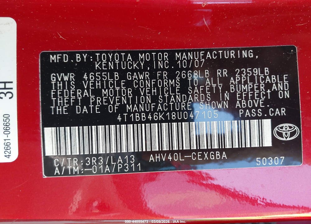 2008 TOYOTA CAMRY HYBRID VIN: 4T1BB46K18U047105