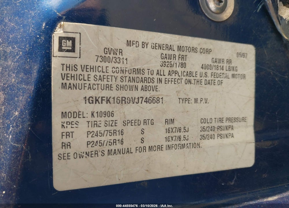 1997 GMC SUBURBAN 1500 SLT CMI VIN: 1GKFK16R0VJ746681