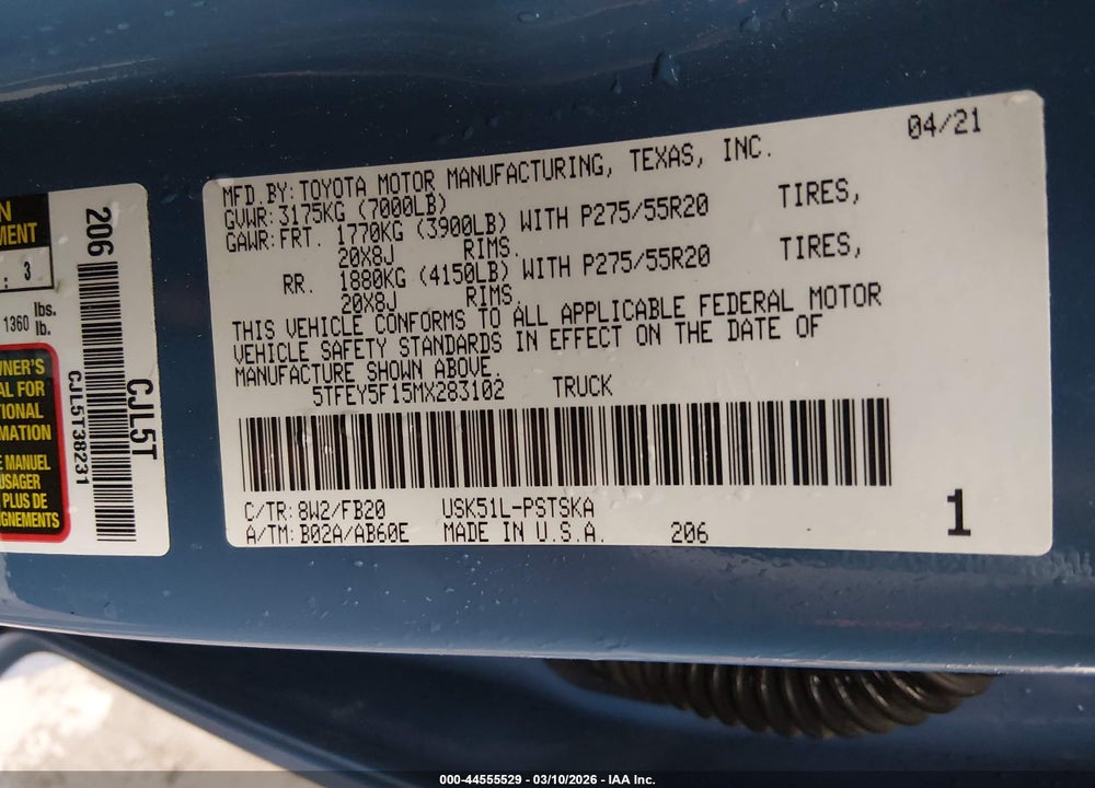 2021 TOYOTA TUNDRA SR5 VIN: 5TFEY5F15MX283102