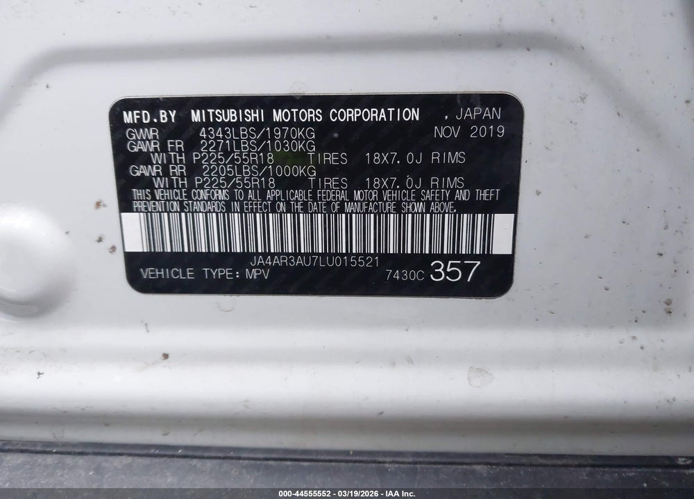 2020 MITSUBISHI OUTLANDER SPORT 2.0 ES AWC VIN: JA4AR3AU7LU015521