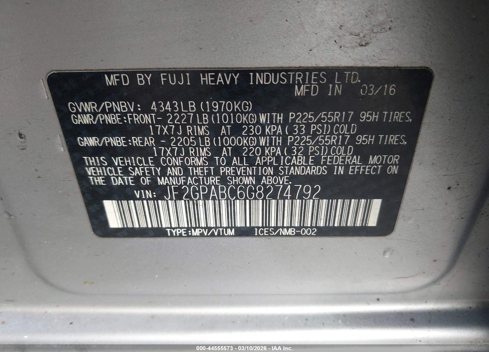 2016 SUBARU CROSSTREK 2.0I PREMIUM VIN: JF2GPABC6G8274792