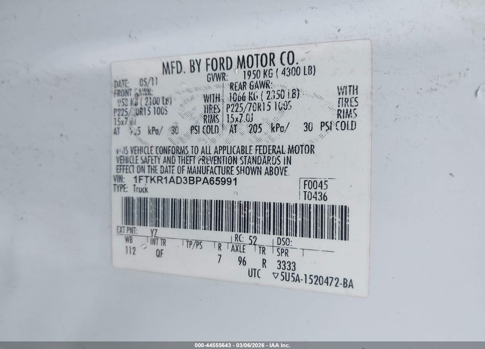 2011 FORD RANGER XL VIN: 1FTKR1AD3BPA65991