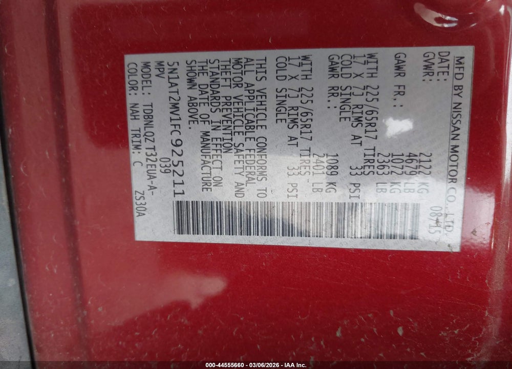 2015 NISSAN ROGUE SV VIN: 5N1AT2MV1FC925211