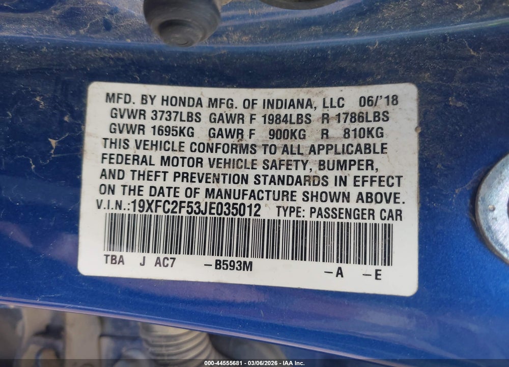 2018 HONDA CIVIC VIN: 19XFC2F53JE035012