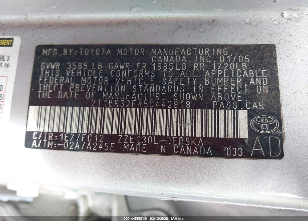 2005 TOYOTA COROLLA S VIN: 2T1BR32E45C442818
