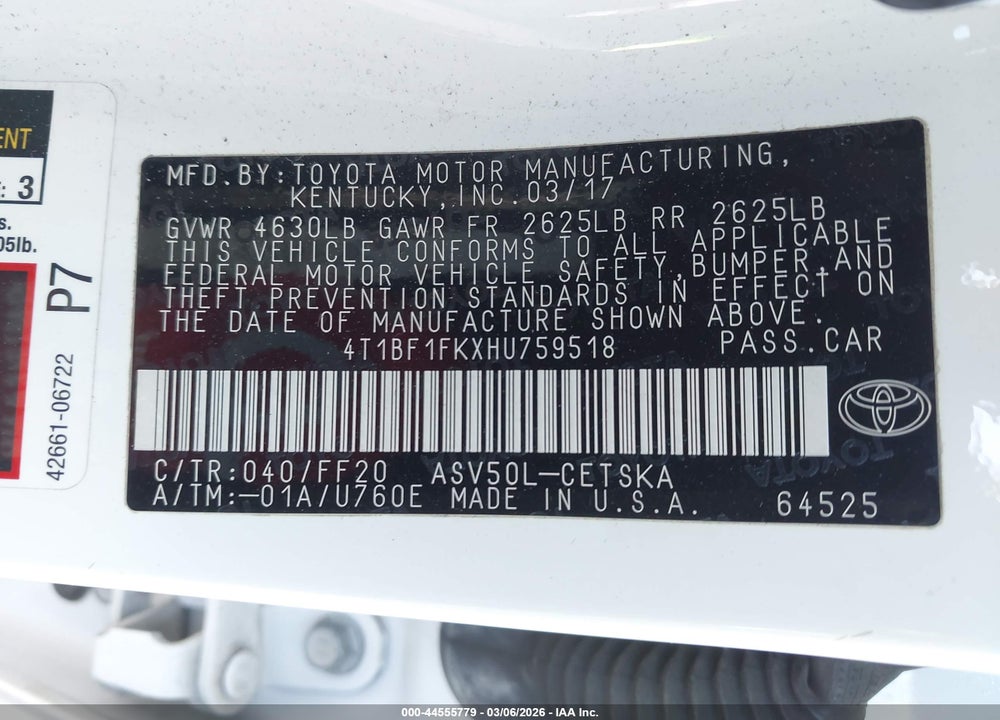 2017 TOYOTA CAMRY SE VIN: 4T1BF1FKXHU759518