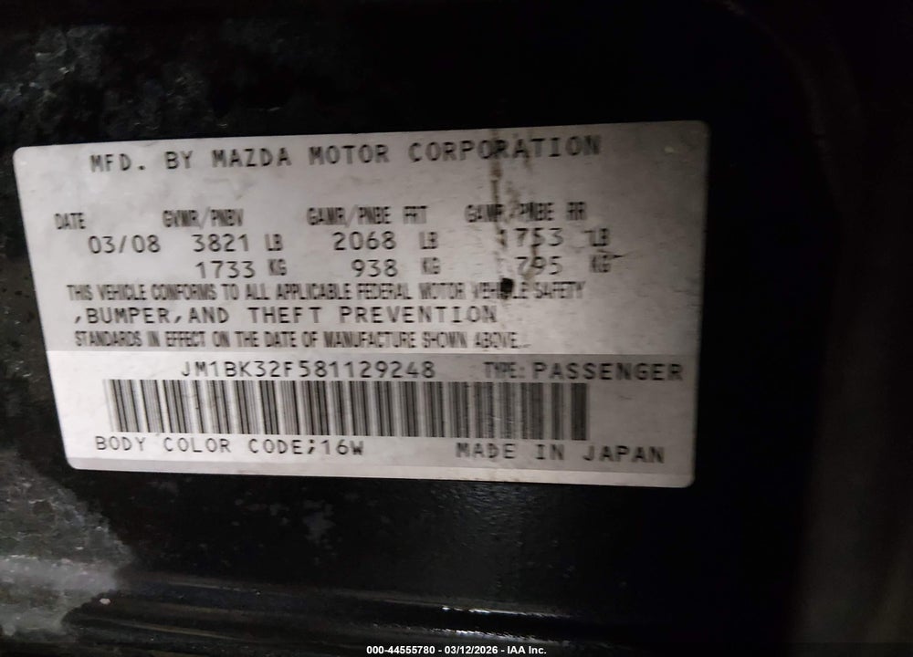 2008 MAZDA 3 I TOURING VALUE VIN: JM1BK32F581129248