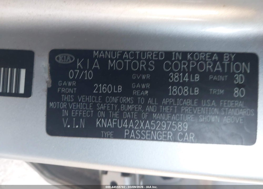 2010 KIA FORTE EX VIN: KNAFU4A2XA5297589