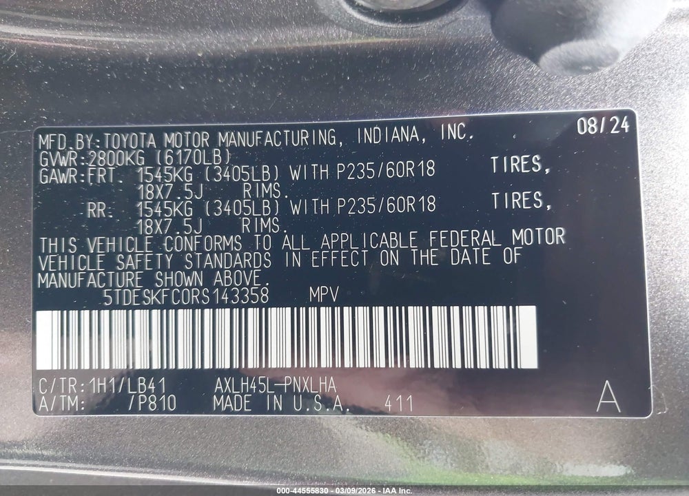 2024 TOYOTA SIENNA PLATINUM VIN: 5TDESKFC0RS143358
