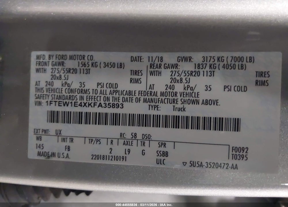 2019 FORD F-150 XLT VIN: 1FTEW1E4XKFA35893