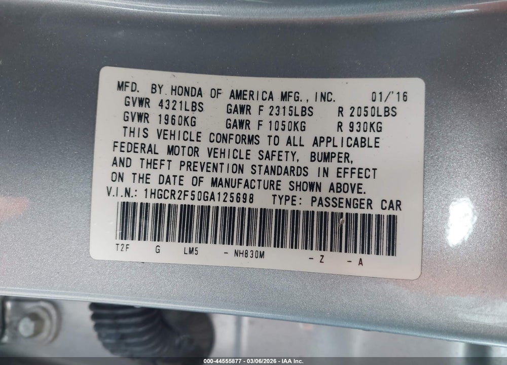 2016 HONDA ACCORD SPORT VIN: 1HGCR2F50GA125698
