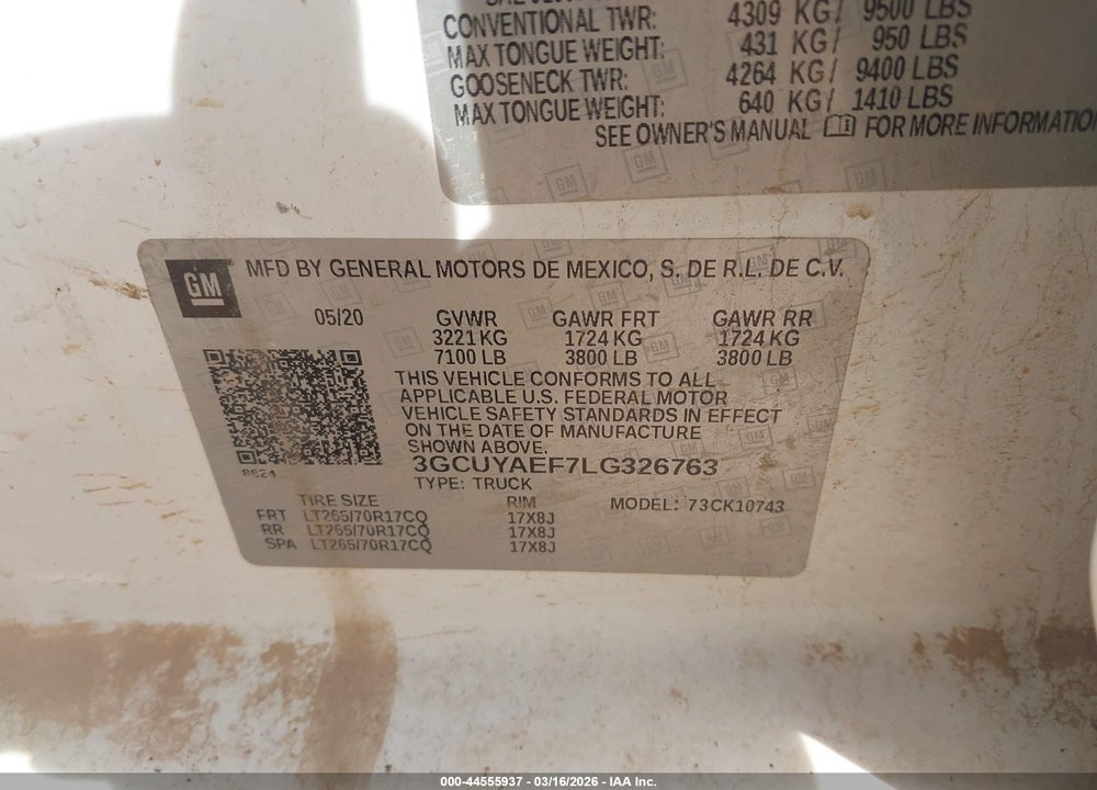 2020 CHEVROLET SILVERADO 1500 4WD  STANDARD BED WT VIN: 3GCUYAEF7LG326763