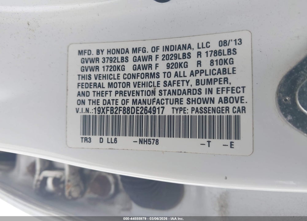 2013 HONDA CIVIC EX VIN: 19XFB2F88DE264917