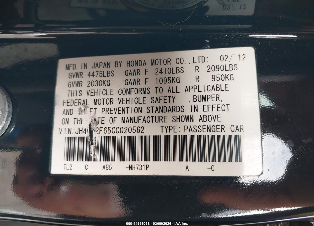 2012 ACURA TSX 2.4 VIN: JH4CU2F65CC020562