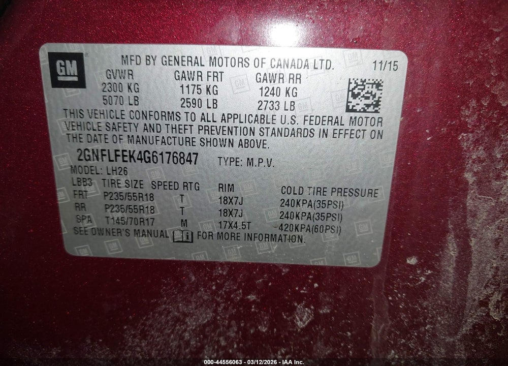 2016 CHEVROLET EQUINOX LT VIN: 2GNFLFEK4G6176847